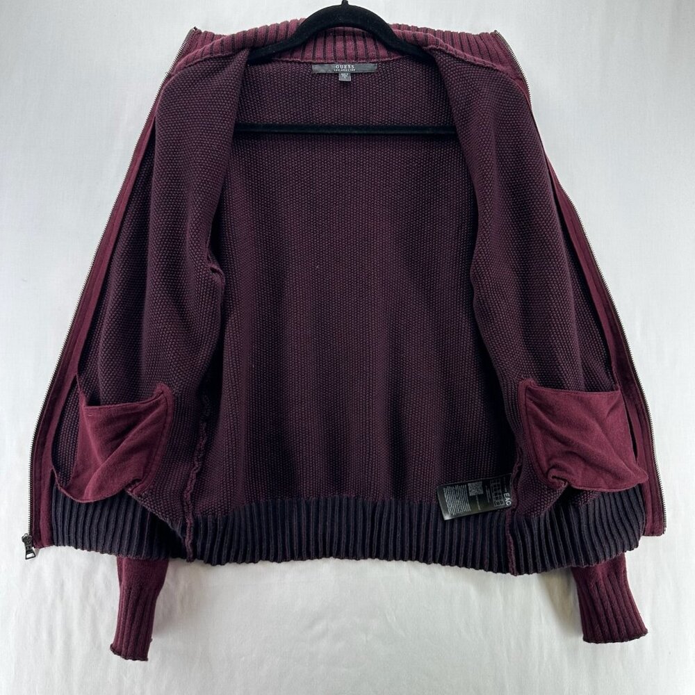 GUESS Cardigan Sweater Mens S Full Zip Mock Neck Cotton Knit Ribbed Trim Maroon - Picture 3 of 12